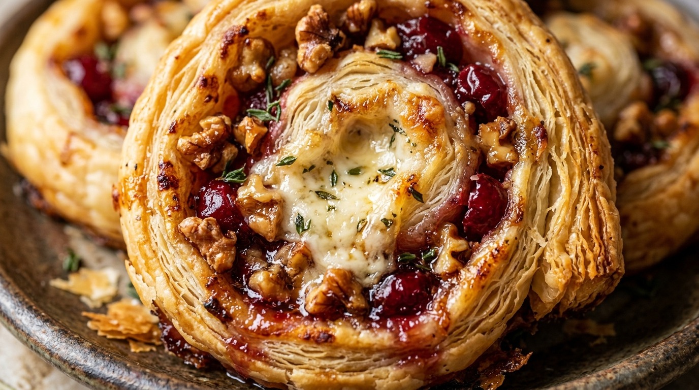 Ultra close-up macro of crispy cranberry walnut goat cheese puff pastry pinwheels with melted chèvre and sweet ruby cranberry sauce