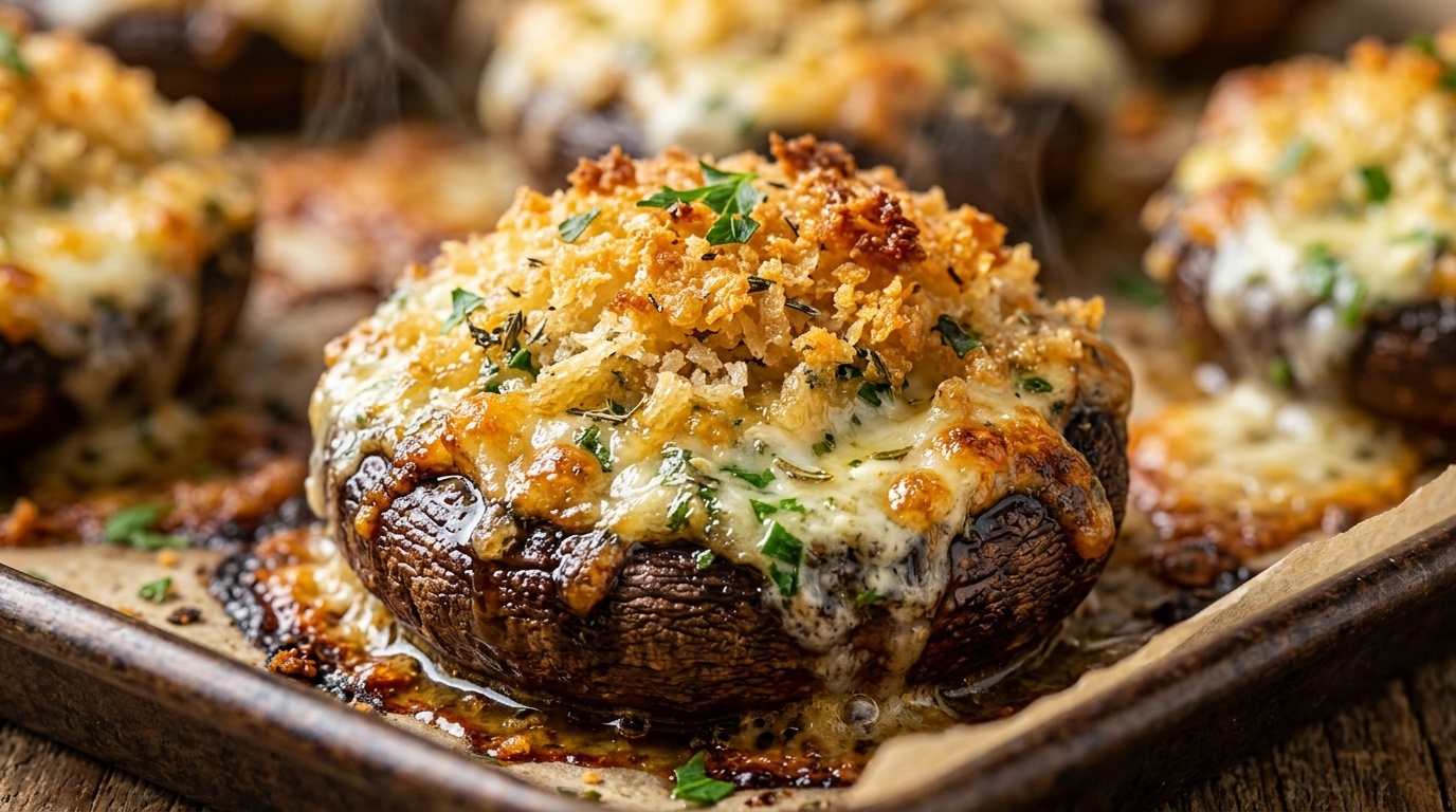 Ultra close-up macro of bubbling golden brown garlic herb cream cheese stuffed mushrooms with crispy parmesan panko crust