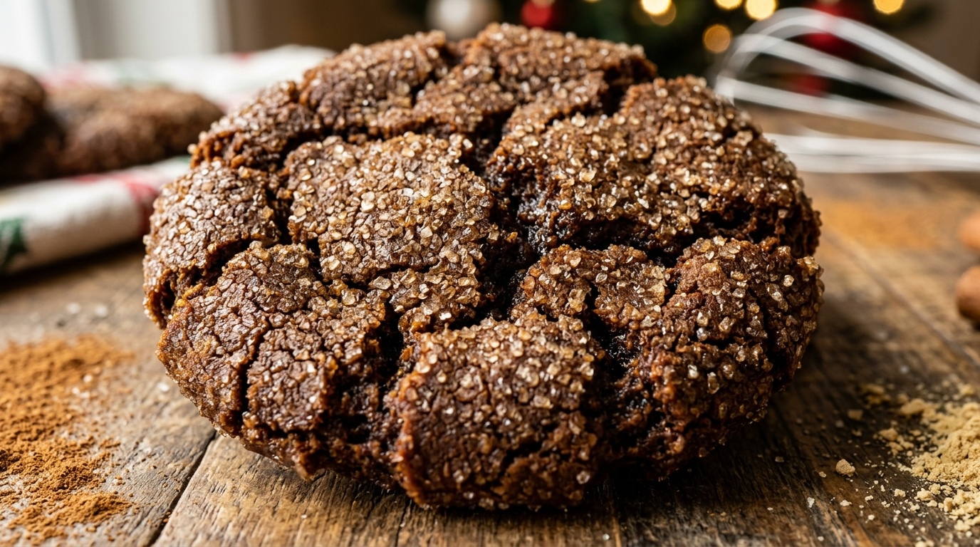 Ultra close-up macro of crackled chewy spiced molasses ginger cookies sparkling with coarse cane sugar