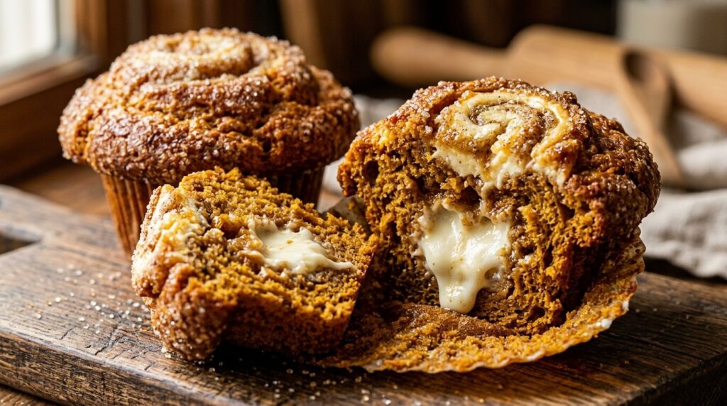Ultra close-up macro of bakery-style spiced pumpkin cream cheese swirl muffins with high golden domes and molten cheesecake center