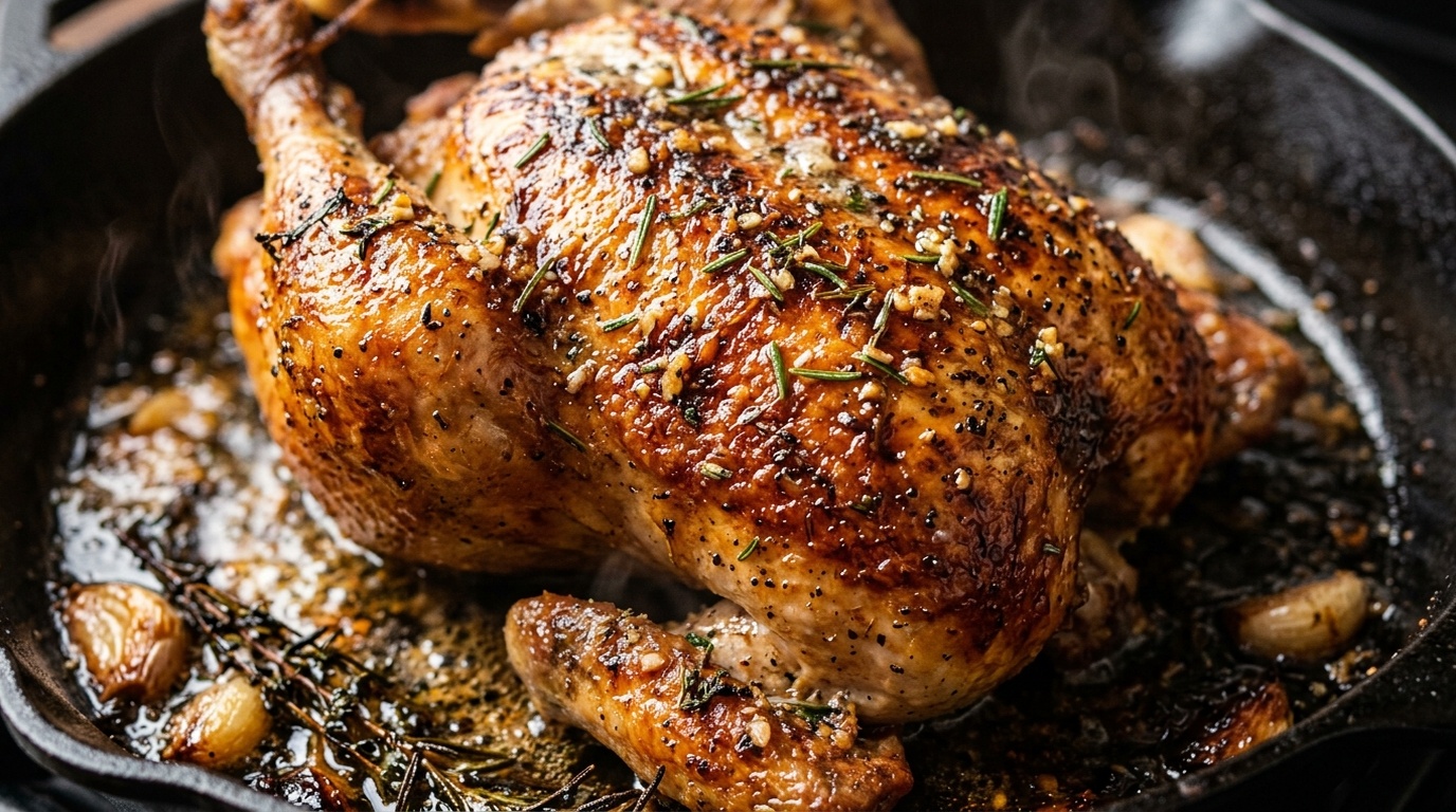 Ultra close-up macro of glistening golden-brown crispy skin on Garlic Herb Butter Roasted Whole Chicken