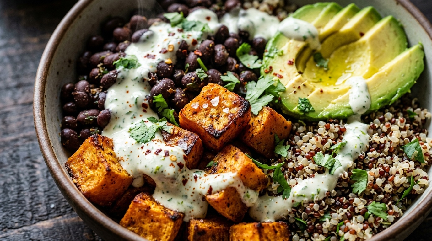 Ultra close-up macro of warm roasted sweet potato cubes, seasoned black beans, fluffy quinoa, and avocado with lime crema