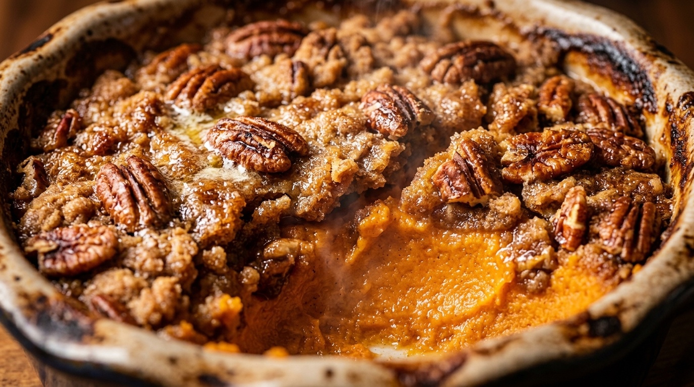 Ultra close-up macro of bubbling crunchy brown sugar pecan streusel on Southern Sweet Potato Casserole