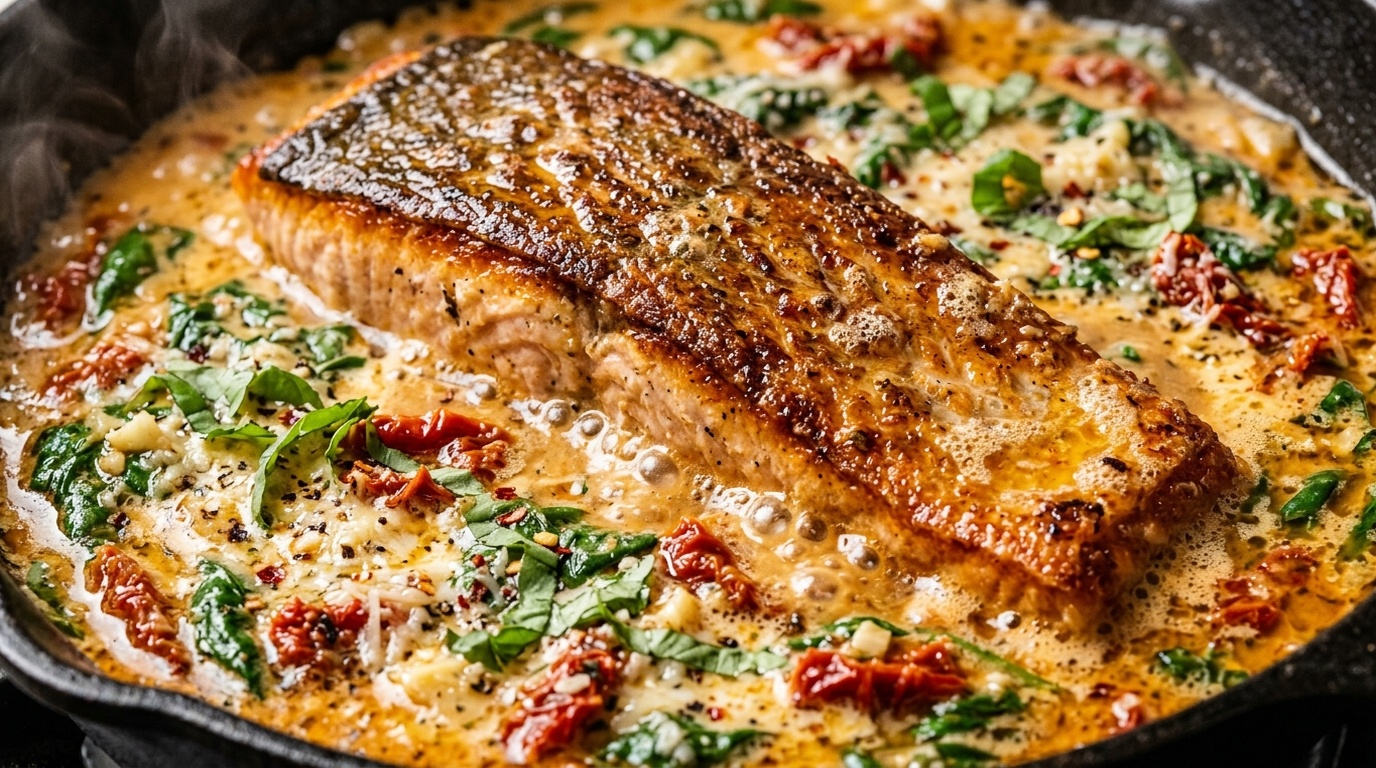 Ultra close-up macro of pan-seared crispy skin salmon in bubbling Tuscan cream sauce with sun-dried tomatoes and spinach
